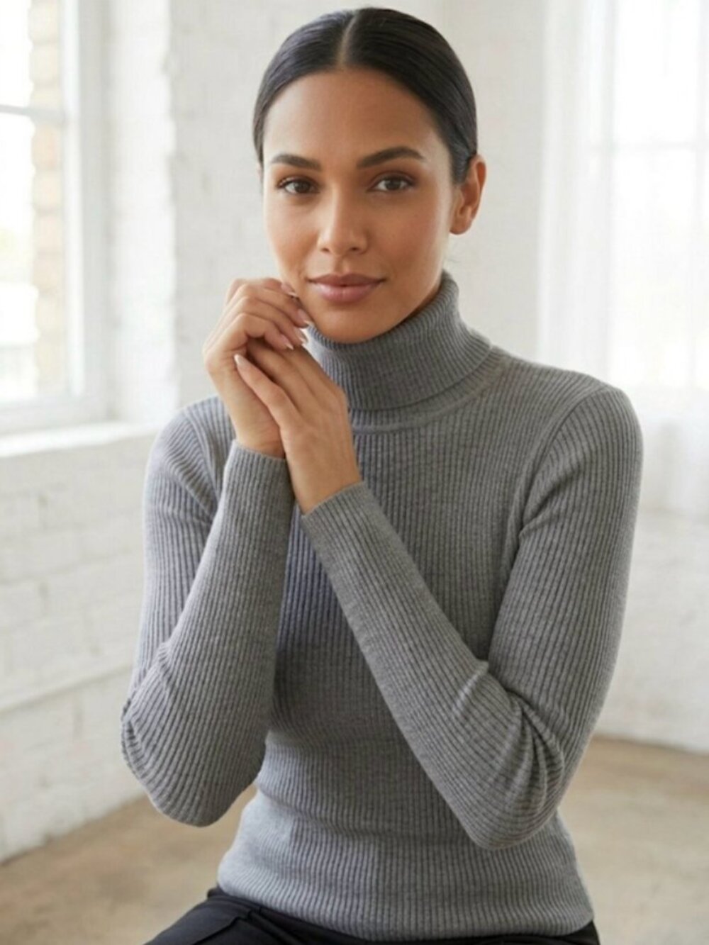 Ambiance Apparel Grey Ribbed Turtleneck Sweater Large